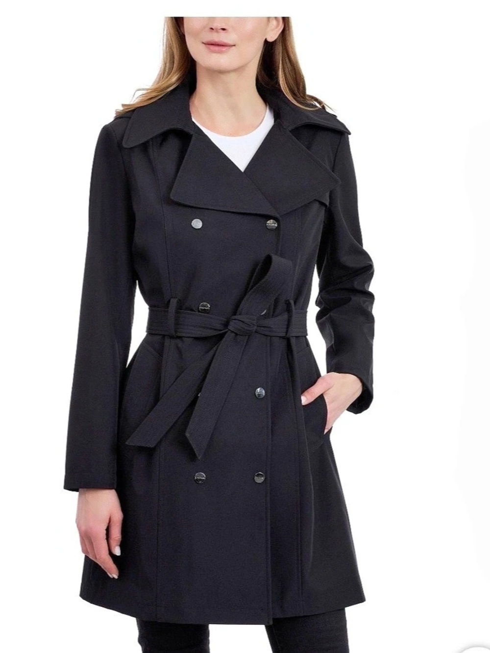 NWT Calvin Klein Women's Double Breasted Belted Trench Coat with Removable Hood